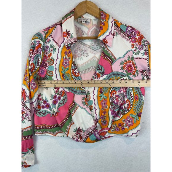 Rachel Zoe Wrap Top Womens XS Boho Long Sleeve Floral Colorful Pink Green - Picture 11 of 11